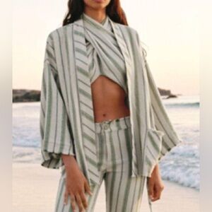 NWT ZARA The Beth Kimono Jacket Rustic Green Tan Stripe Belted Woven Cotton